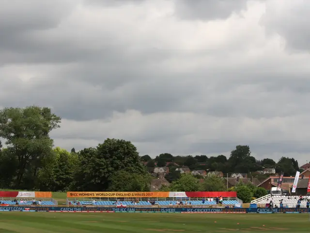 The image shows a cricket match being played on a cloudy day, with lush green grass on the ground,...