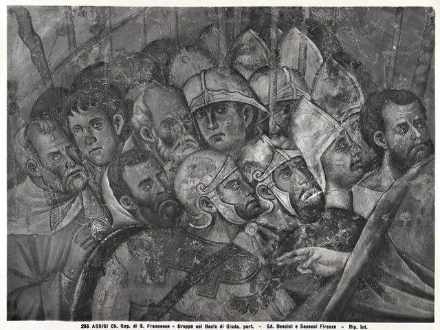 The image shows a black and white drawing of a group of men in a crowd, with the text "Assisi Ch....