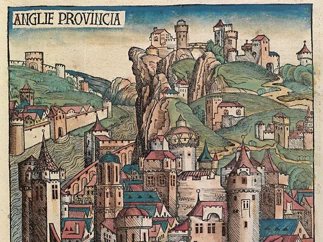 The image shows an engraving of a medieval city with a castle on top of a hill, surrounded by...