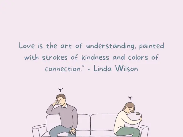 The image shows a cartoon of a man and woman sitting on a couch, with the text "Love is the art of...