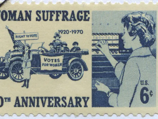 The image shows a postage stamp with the words "Woman Suffrage 50th Anniversary" printed on it,...