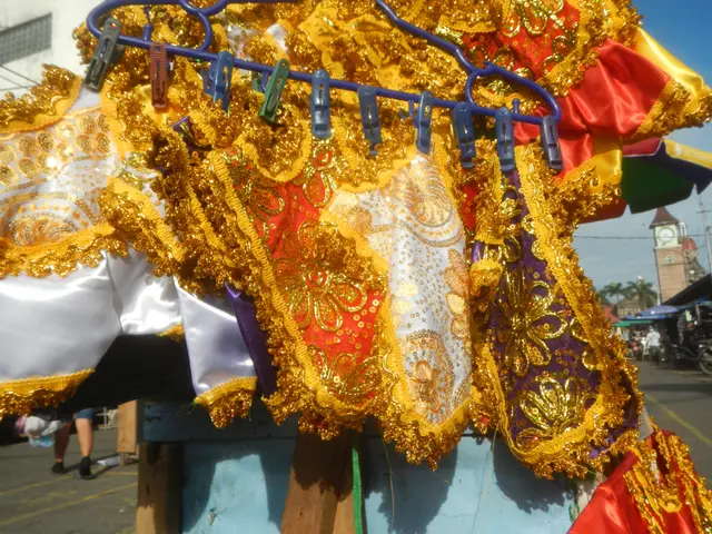 The image shows a vibrant carnival scene with a variety of colorful costumes hanging on a clothes...