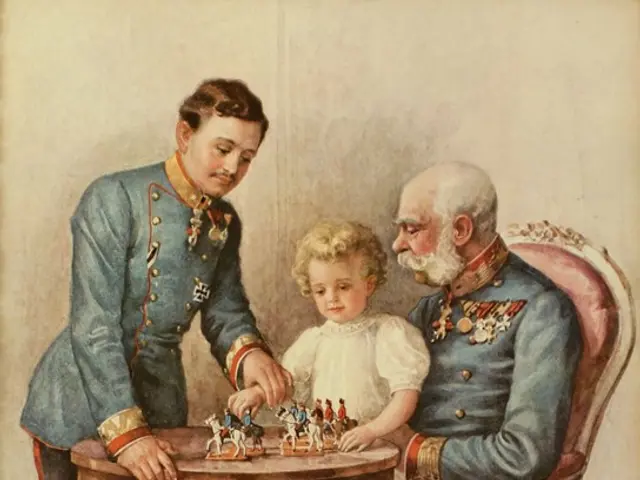The image shows an old photo of two men and a child playing chess. The man on the right is sitting...