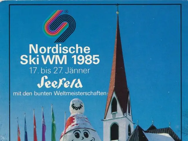 The image shows a poster of the 1985 Nordic Ski World Championships in Seefeld, Switzerland. It...