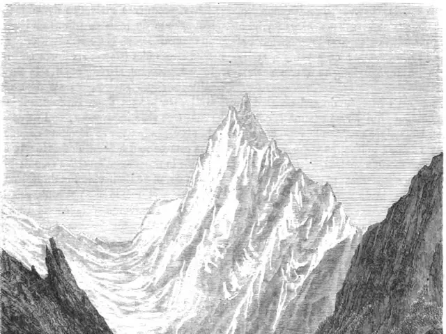 The image shows a black and white engraving of a mountain range with a river running through it,...