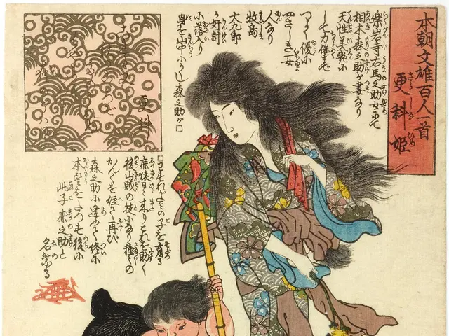 The image shows a woman in a kimono holding a baby and a bear, with a stick in her hand. The...