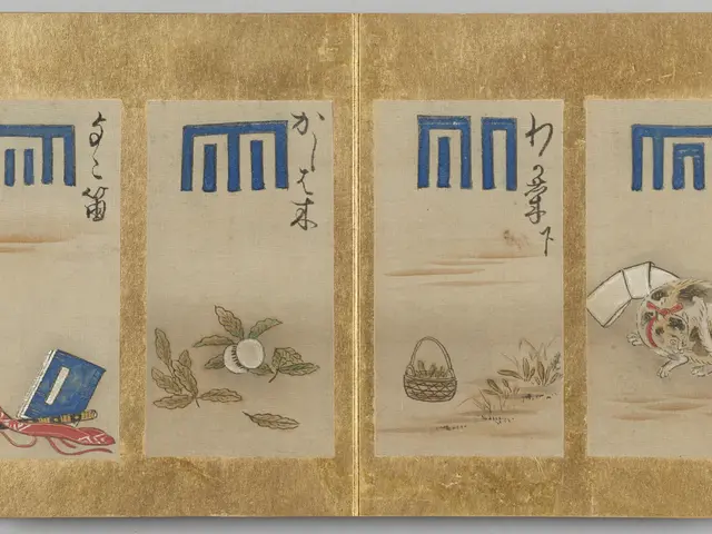 The image shows a book with a painting of a cat and a dog on it, along with some text. The painting...