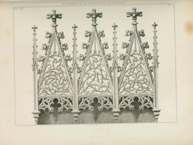 The image shows a book with a drawing of a gothic design on it. The design is intricate and...
