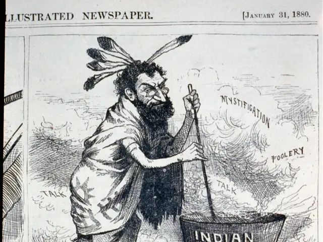 The image shows an old newspaper with a cartoon of a man holding a wheelbarrow. The man is wearing...