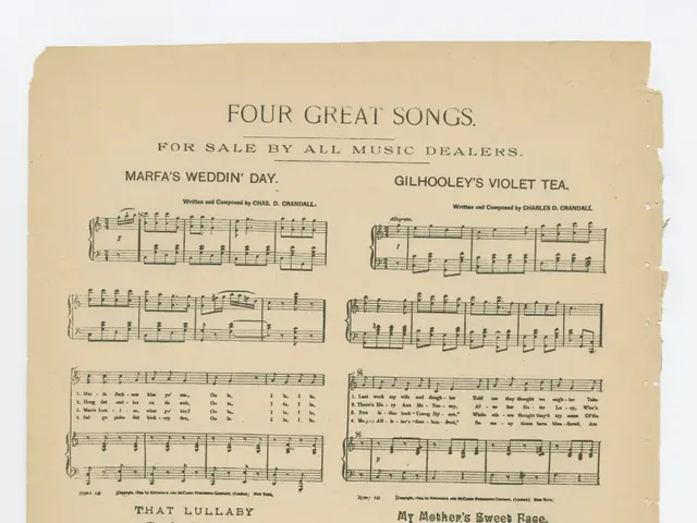 The image shows a paper with four great songs for sale by all music dealers written on it,...