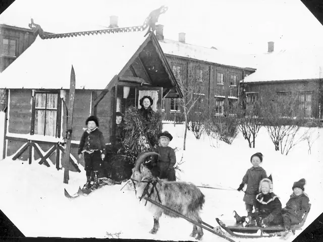 The image shows a group of children sitting on a sled pulled by a goat in the snow. The children...