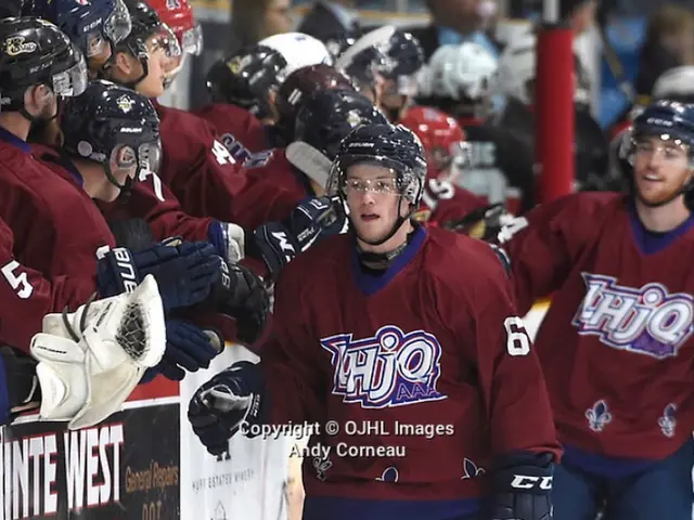 The image shows a group of hockey players standing on top of an ice rink, wearing helmets, gloves,...