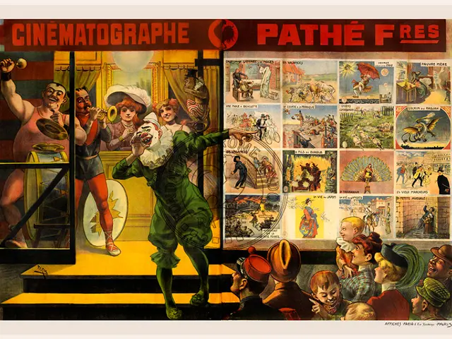 The image shows a poster advertising a movie theater in Paris, France. It features a group of...