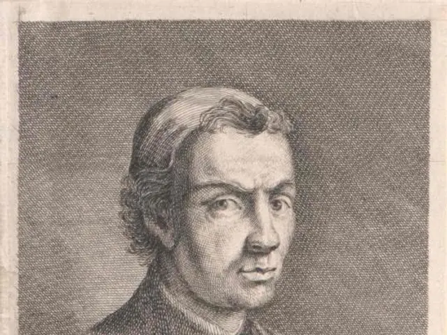 The image shows a black and white engraving of a man in a suit and tie, with the text "Burchielli,...