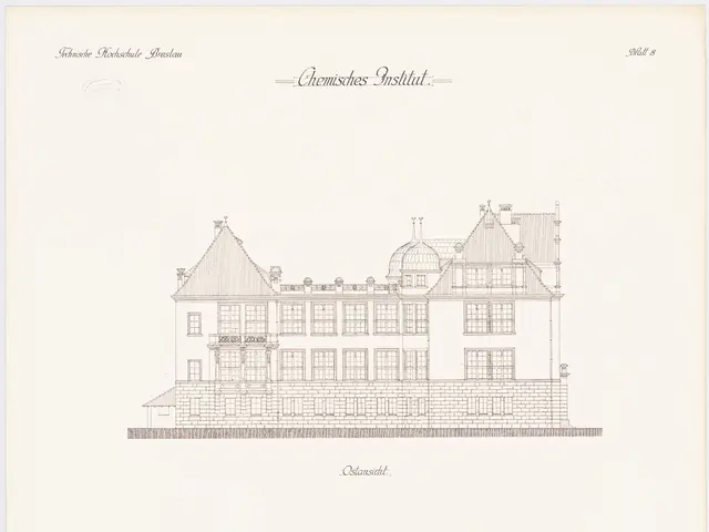 The image shows a drawing of a large building with a lot of windows, which is identified as the...