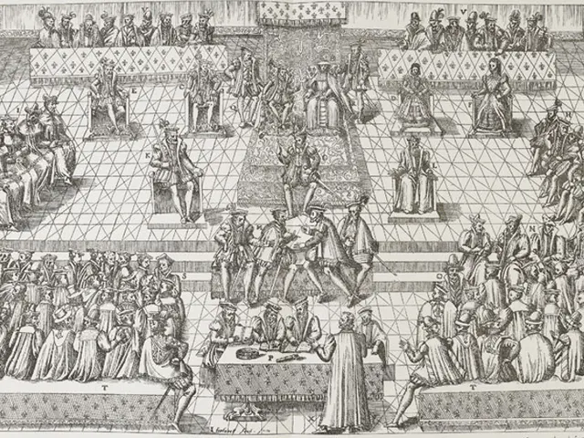 The image shows a black and white drawing of a chess game being played in a room, with a group of...
