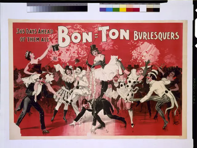 The image shows a poster with a group of people dancing, with the words "Bon-Ton Burlesquers - 365...
