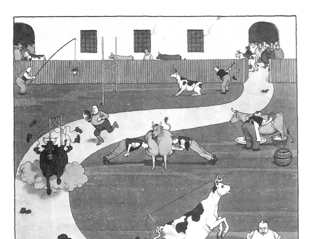 The image shows a black and white drawing of a group of people and animals in a field, with a wall...
