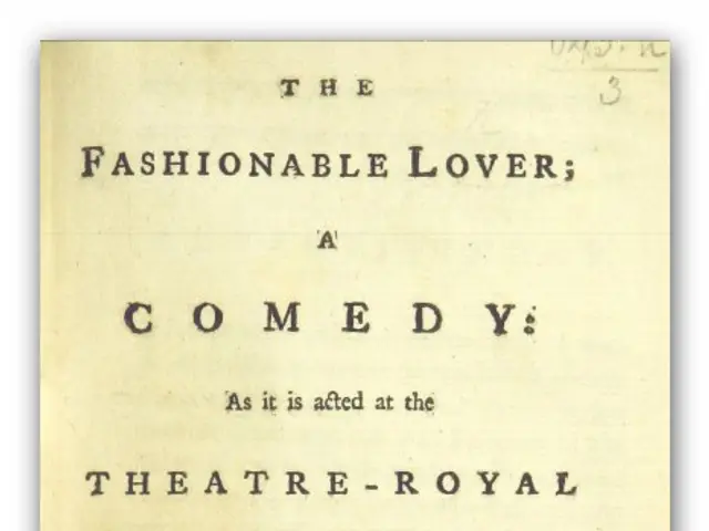 The image shows a paper with the text "The Fashionable Lover: A Comedy as it is acted at the...