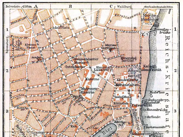 The image shows an old map of the city of Kiel, Germany, with text at the top and bottom of the...