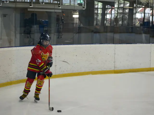 The image shows a young boy playing hockey on an ice rink, wearing a helmet and holding a hockey...