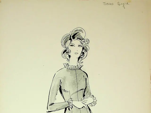 The image shows a drawing of a woman in a white dress from the 1960s, with the text "Fashion...
