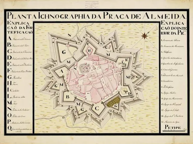 The image shows an old map of the city of Almeida, Portugal, with text written on it. The map is...