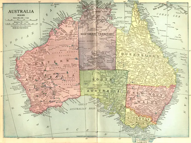 The image shows an old map of Australia from the 19th century. It is a detailed map with text...