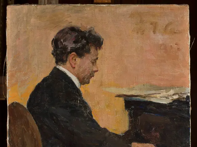 The image shows a painting of a man sitting at a piano, wearing a suit and playing the keys. He is...