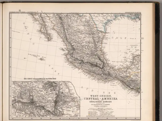 The image shows an open book with a map of the United States and Mexico on it. The map is detailed...
