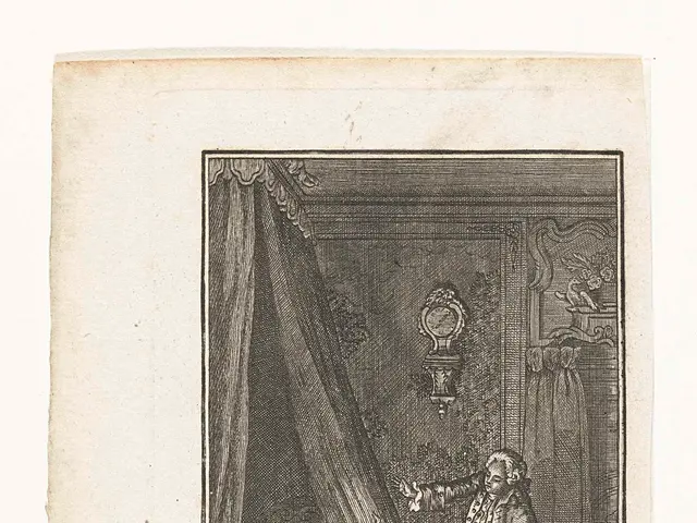 The image shows an engraving of a man and woman in a room, with the woman sitting on a chair and...