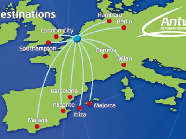 The image shows a map of Europe with the Antwerp International Airport highlighted, indicating the...