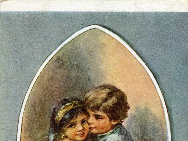 The image shows an old postcard with a painting of two children, a boy and a girl, embracing and...