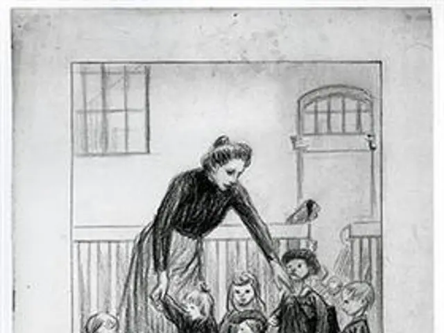 The image shows a black and white drawing of a woman standing in front of a group of children, with...