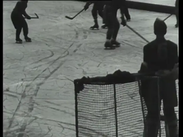 The image shows a group of people playing hockey on an ice rink, each holding a hockey stick and...