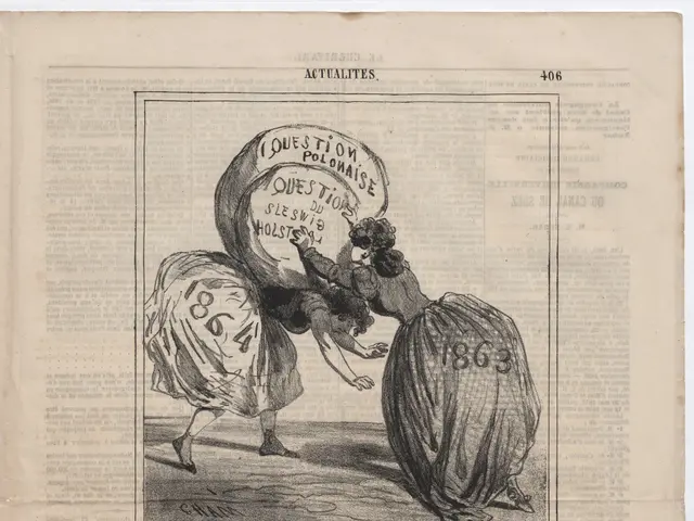 The image shows an old book with a drawing of two women on it. The paper has text written on it,...