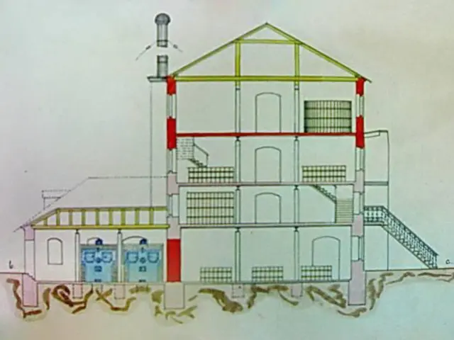 The image shows a drawing of a building with a red and white stripe on it, which is believed to be...