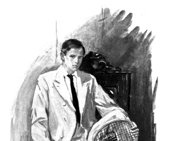 The image shows a man sitting on a bench, holding a tennis racket in his hand. He is wearing a suit...