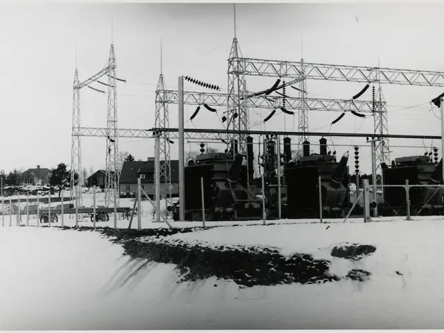 The image shows a black and white photo of an electrical substation in the snow, with transformers,...