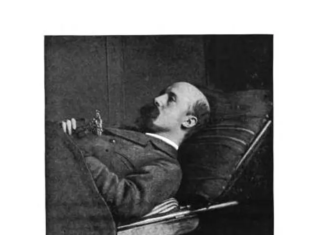 The image shows an old black and white photo of Eugene Lee Hamilton in a wheelchair, lying on the...