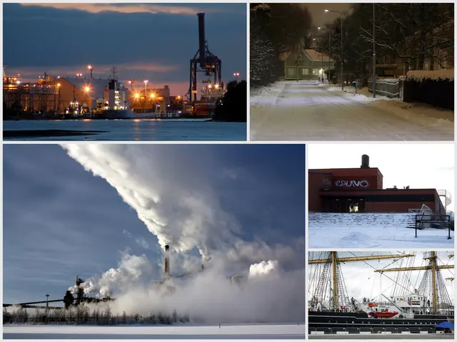 The image shows a collage of photos of a factory in the snow, with buildings, poles, lights, trees,...