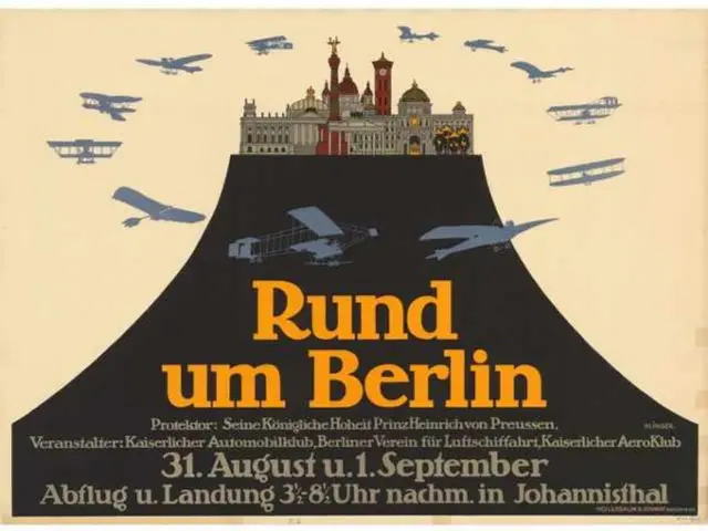 The image shows a poster advertising a Berlin air show, with a building in the background and...