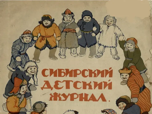 The image shows a poster with a group of children playing in the snow. The poster has text written...