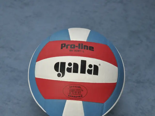 The image shows a blue and red volleyball with the word "Gala" written on it, sitting on a blue...