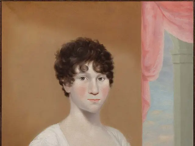 The image shows a portrait of a young woman in a white dress, painted in oil on canvas by Sir...