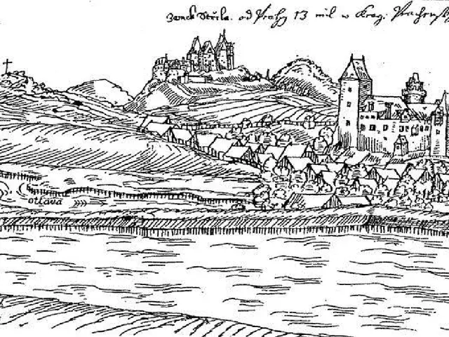 The image shows a black and white drawing of a castle perched atop a hill, surrounded by houses,...