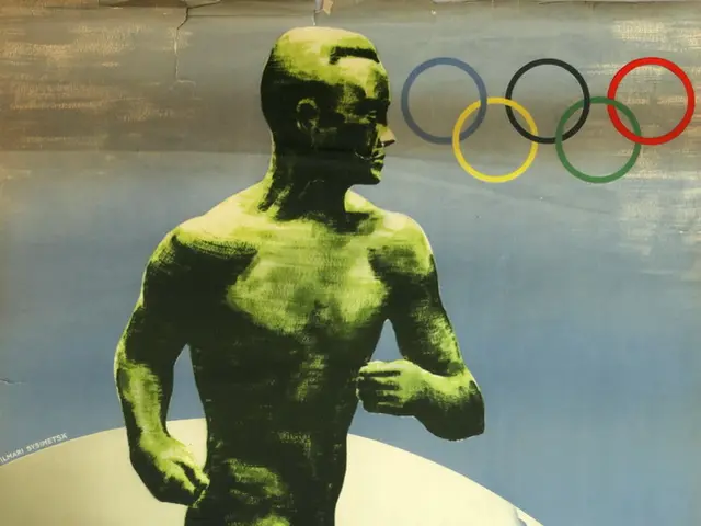 The image shows a poster for the 1940 Olympic Games in Helsinki, Finland. It features a person...