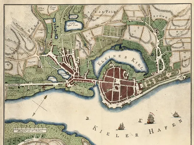 The image shows an old map of the city of Kiel, Germany, with boats on the water and text at the...