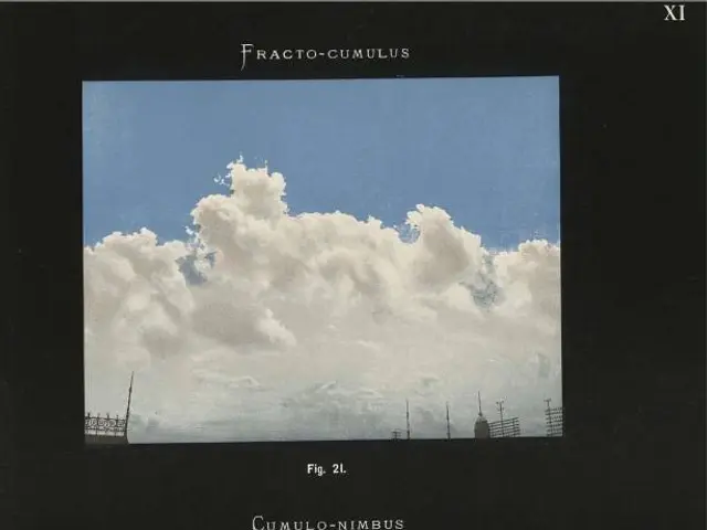 The image shows a black and white photo of two pictures of clouds in the sky, with the words...