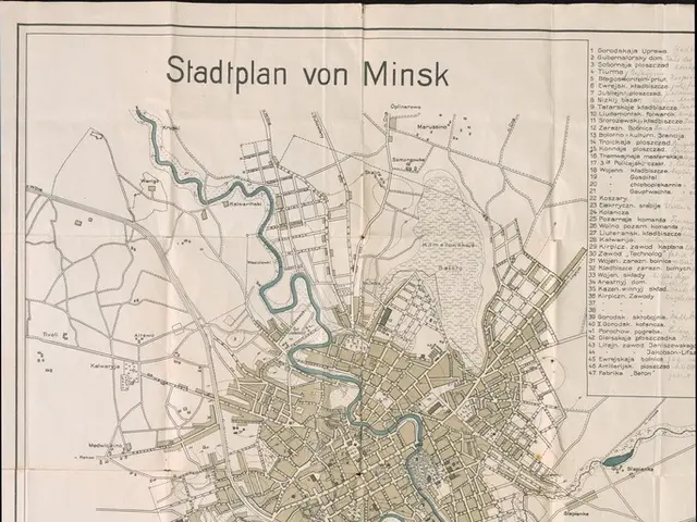 The image shows an old map of the city of Minsk, Belarus, with a black background. The map is...
